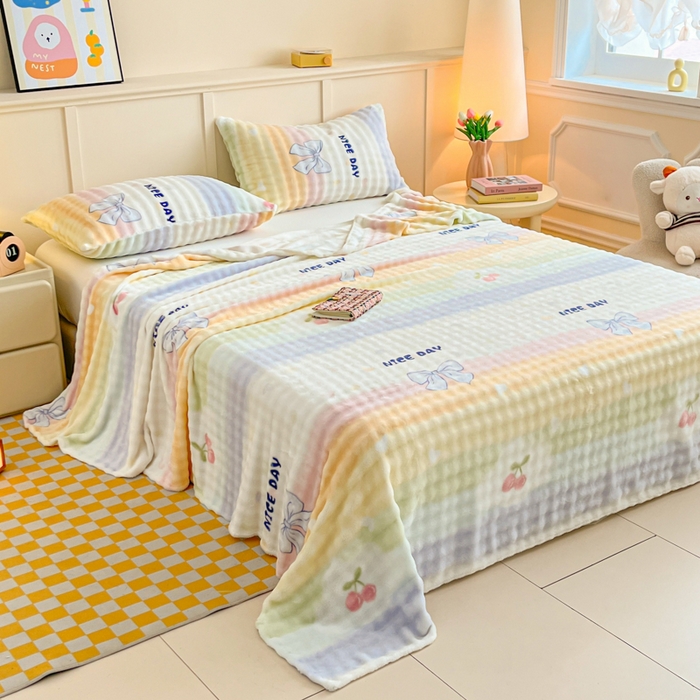 91家纺网 家纺一手货源 找家纺 爱屋及屋 2025新款牛奶泡泡绒印花单床单 床单单件 彩虹蝴蝶结