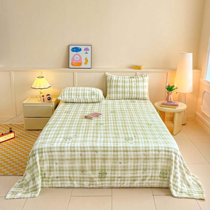 91家纺网 家纺一手货源 找家纺 爱屋及屋 2025新款牛奶泡泡绒印花单床单 床单单件 蝴蝶结-绿