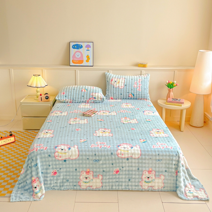 91家纺网 家纺一手货源 找家纺 爱屋及屋 2025新款牛奶泡泡绒印花单床单 床单单件 可爱萌狗