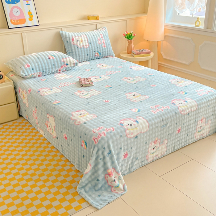 91家纺网 家纺一手货源 找家纺 爱屋及屋 2025新款牛奶泡泡绒印花单床单 床单单件 可爱萌狗