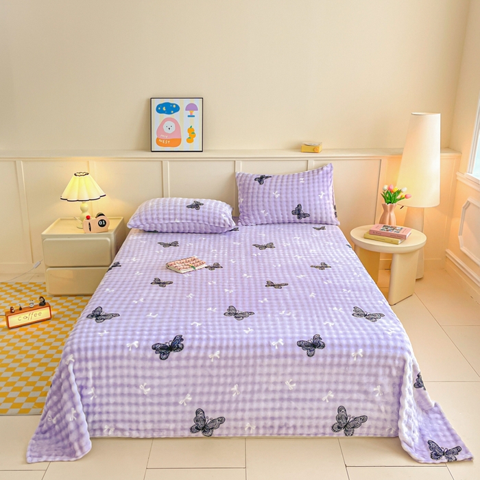 91家纺网 家纺一手货源 找家纺 爱屋及屋 2025新款牛奶泡泡绒印花单床单 床单单件 蕾丝蝴蝶结