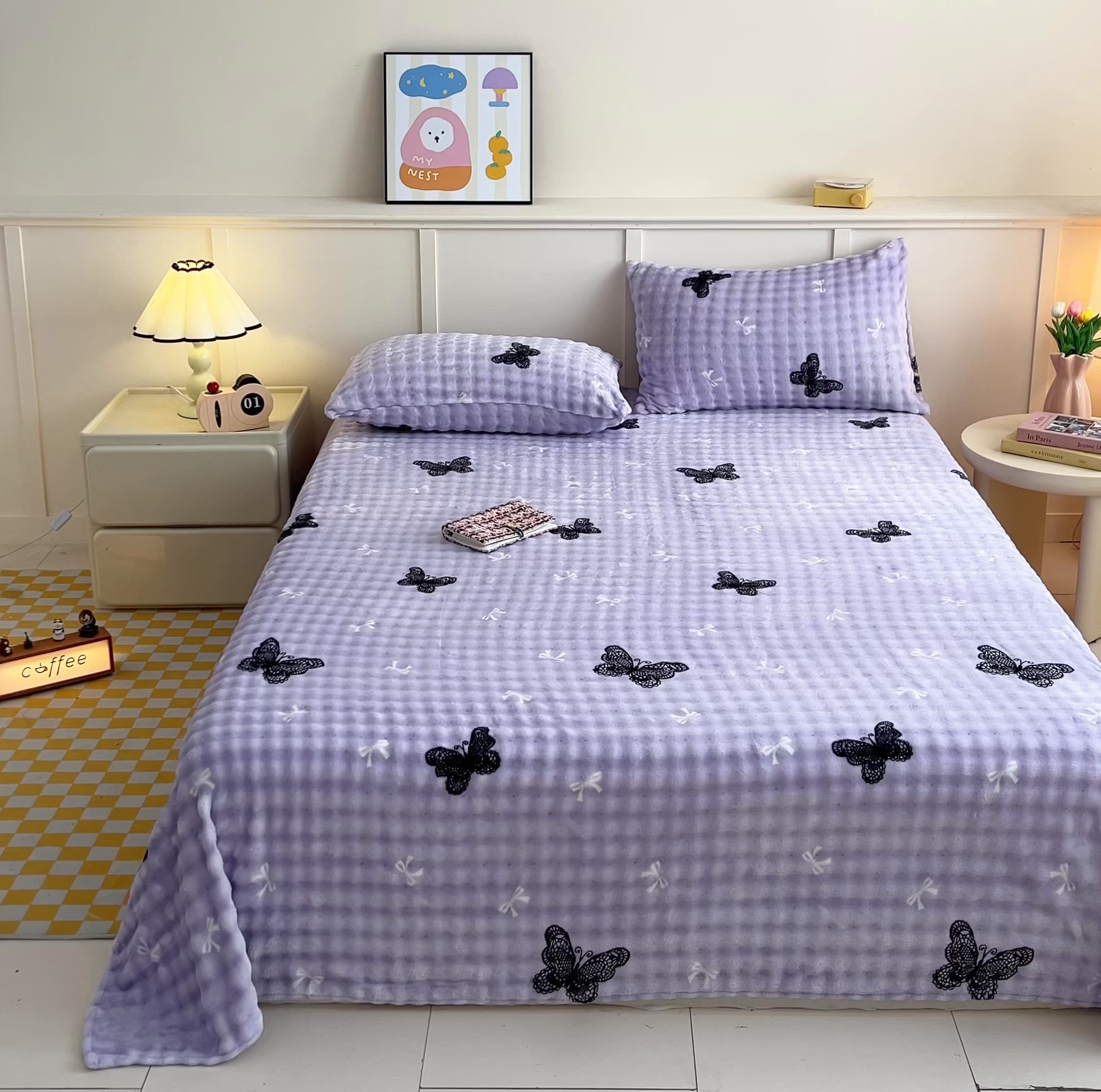 91家纺网 家纺一手货源 找家纺 爱屋及屋 2025新款牛奶泡泡绒印花单床单 床单单件 蕾丝蝴蝶结