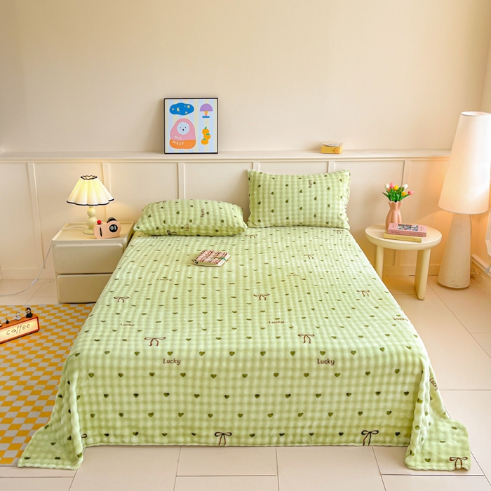 91家纺网 家纺一手货源 找家纺 爱屋及屋 2025新款牛奶泡泡绒印花单床单 床单单件 绿色爱心