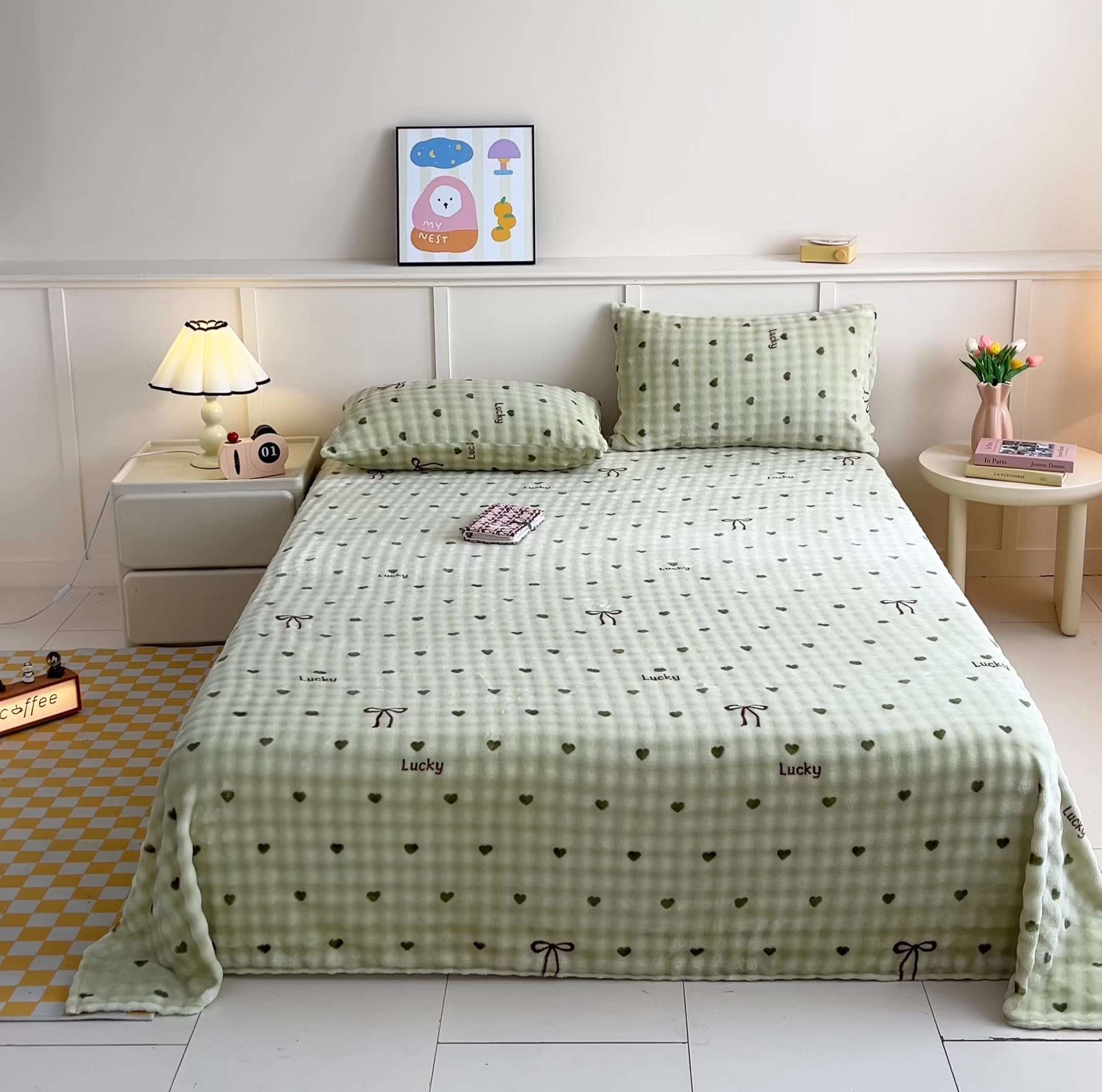 91家纺网 家纺一手货源 找家纺 爱屋及屋 2025新款牛奶泡泡绒印花单床单 床单单件 绿色爱心