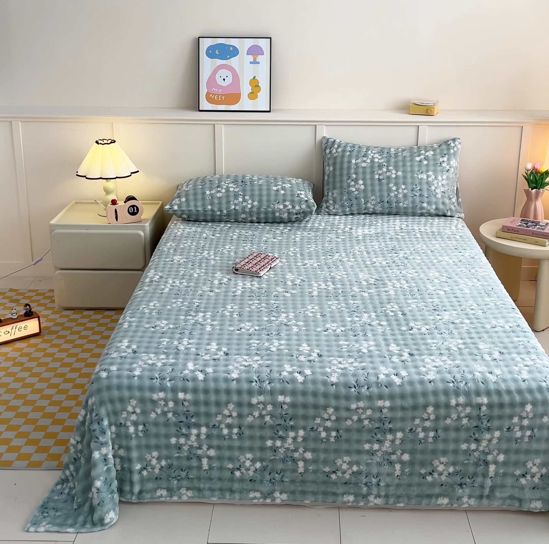 91家纺网 家纺一手货源 找家纺 爱屋及屋 2025新款牛奶泡泡绒印花单床单 床单单件 碎花绿萌