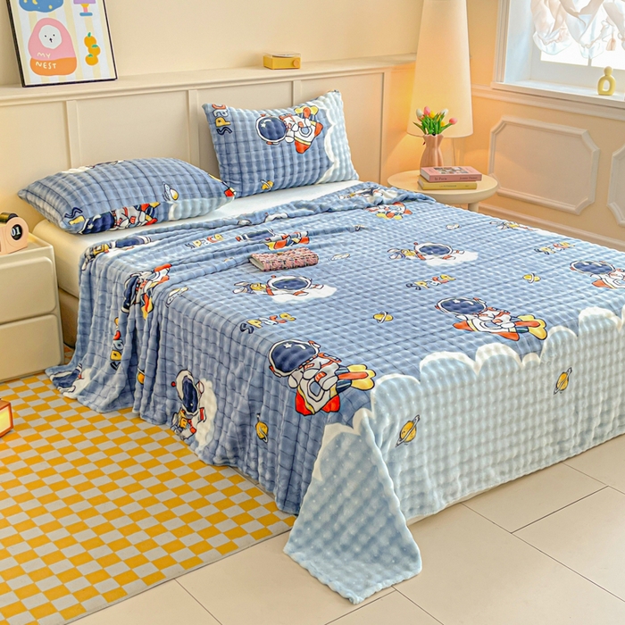 91家纺网 家纺一手货源 找家纺 爱屋及屋 2025新款牛奶泡泡绒印花单床单 床单单件 星际太空