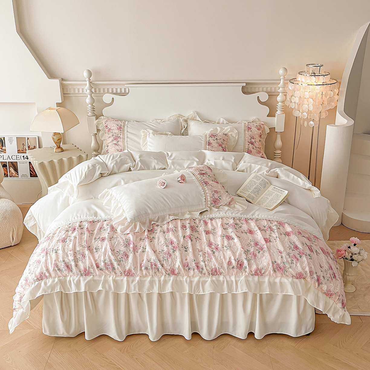 91家纺网 家纺一手货源 找家纺 （总）富宁家纺 2025新款蕾丝刺绣数码印花款四件套-浅影玫瑰