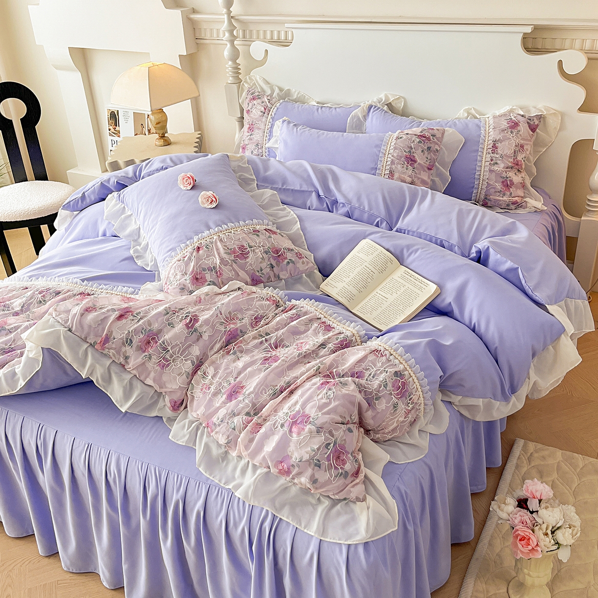 91家纺网 家纺一手货源 找家纺 （总）富宁家纺 2025新款蕾丝刺绣数码印花款四件套-浅影玫瑰