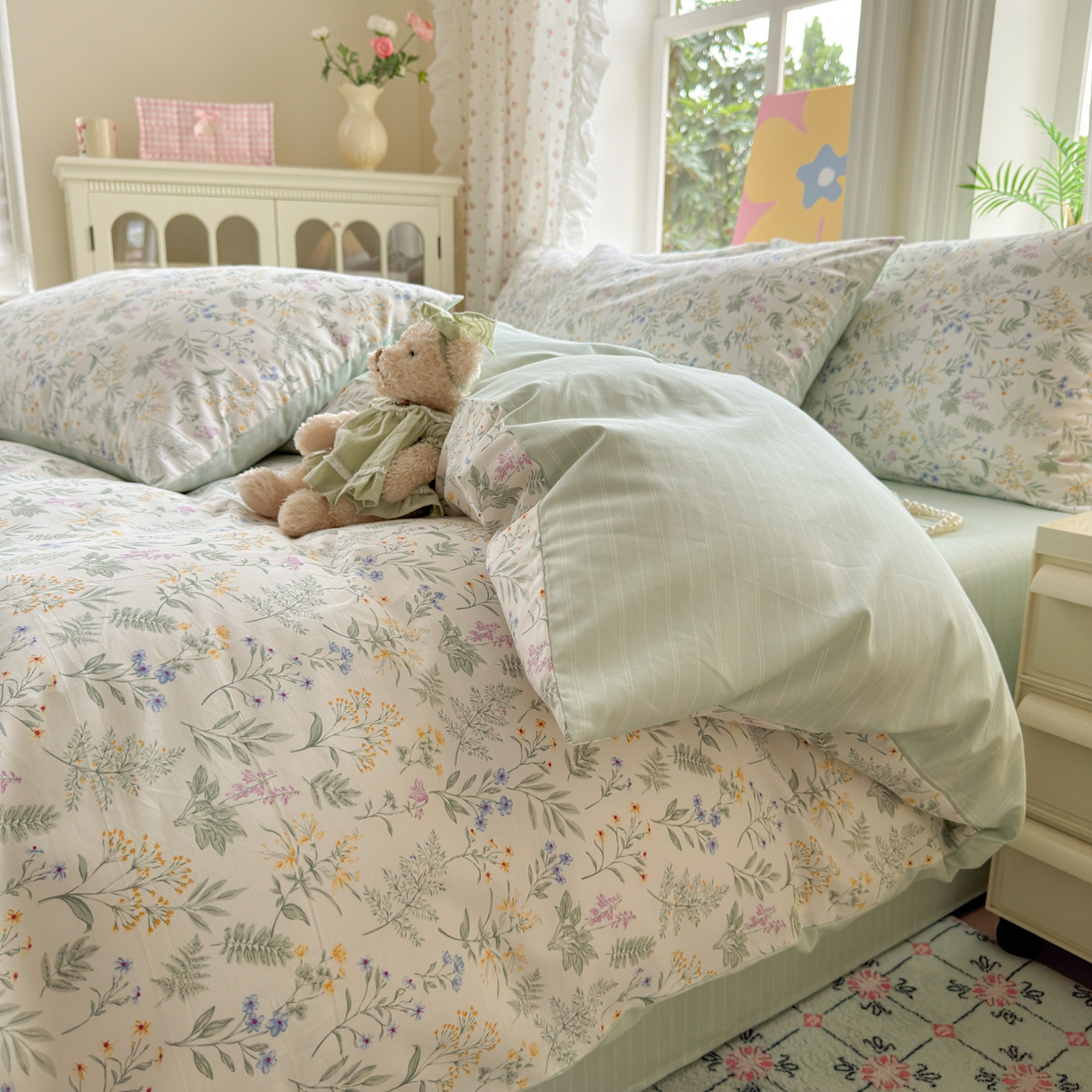 91家纺网 家纺一手货源 找家纺 优彩 2025新款13372碎花系列全棉四件套草花谣