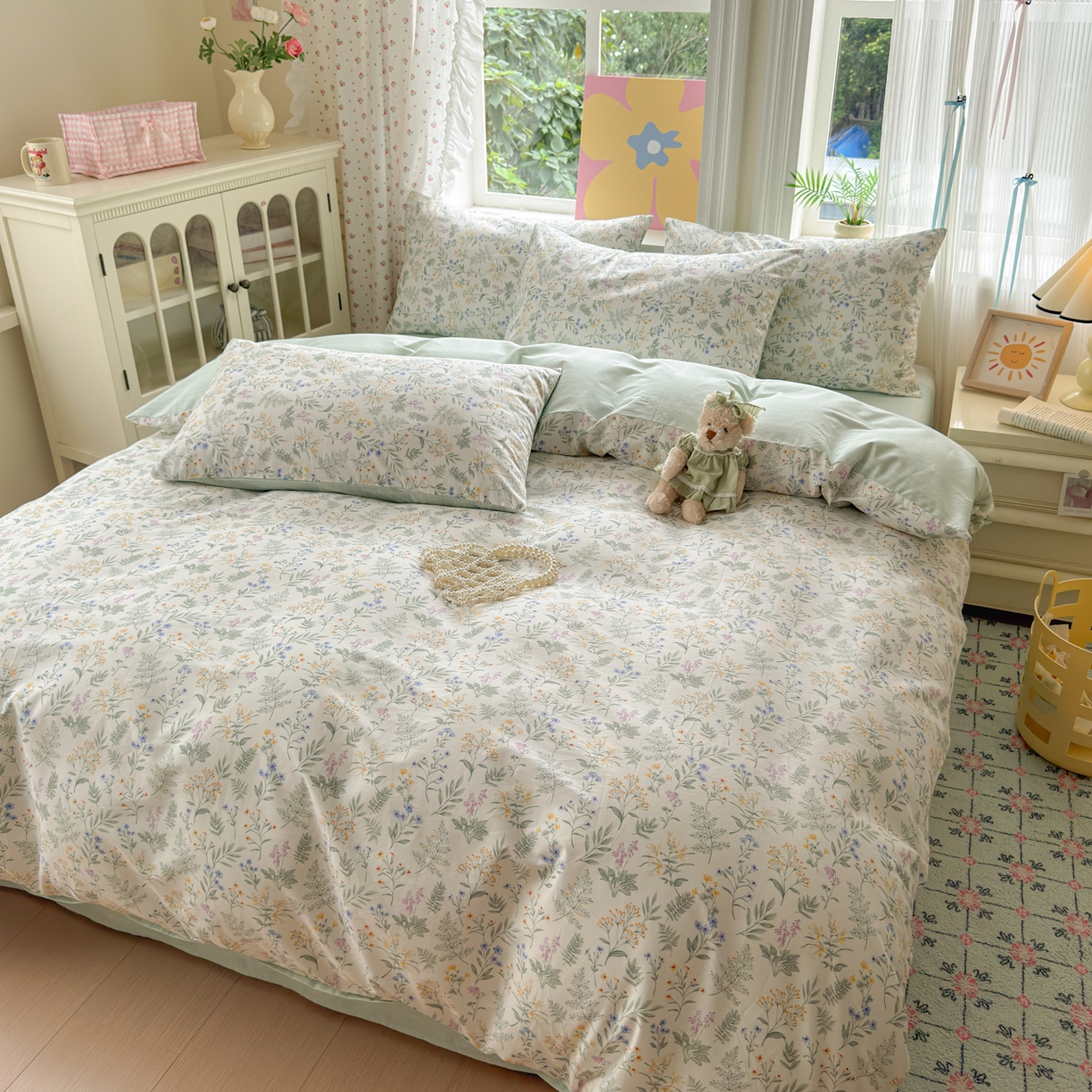 91家纺网 家纺一手货源 找家纺 优彩 2025新款13372碎花系列全棉四件套草花谣