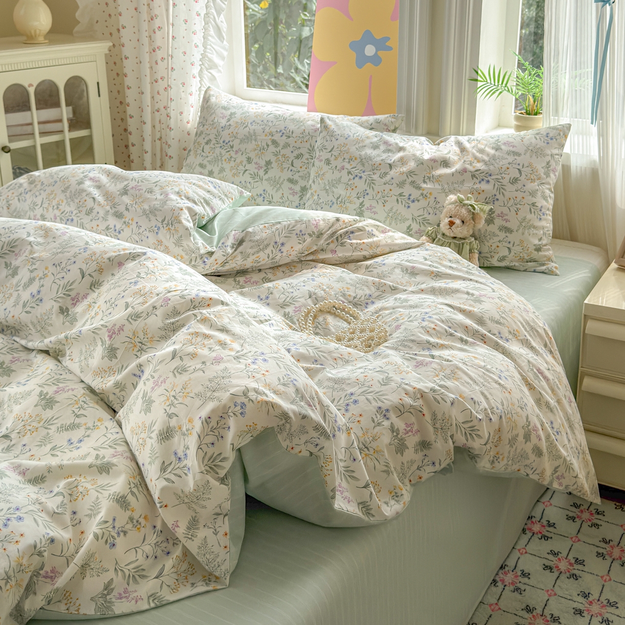 91家纺网 家纺一手货源 找家纺 优彩 2025新款13372碎花系列全棉四件套草花谣