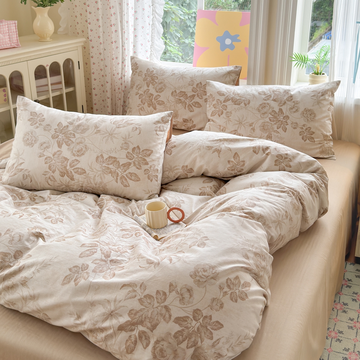 91家纺网 家纺一手货源 找家纺 优彩 2025新款13372碎花系列全棉四件套风林下