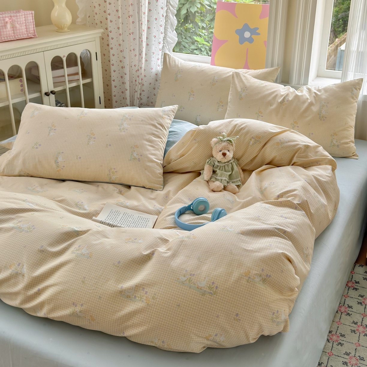 91家纺网 家纺一手货源 找家纺 优彩 2025新款13372碎花系列全棉四件套小萌鸭