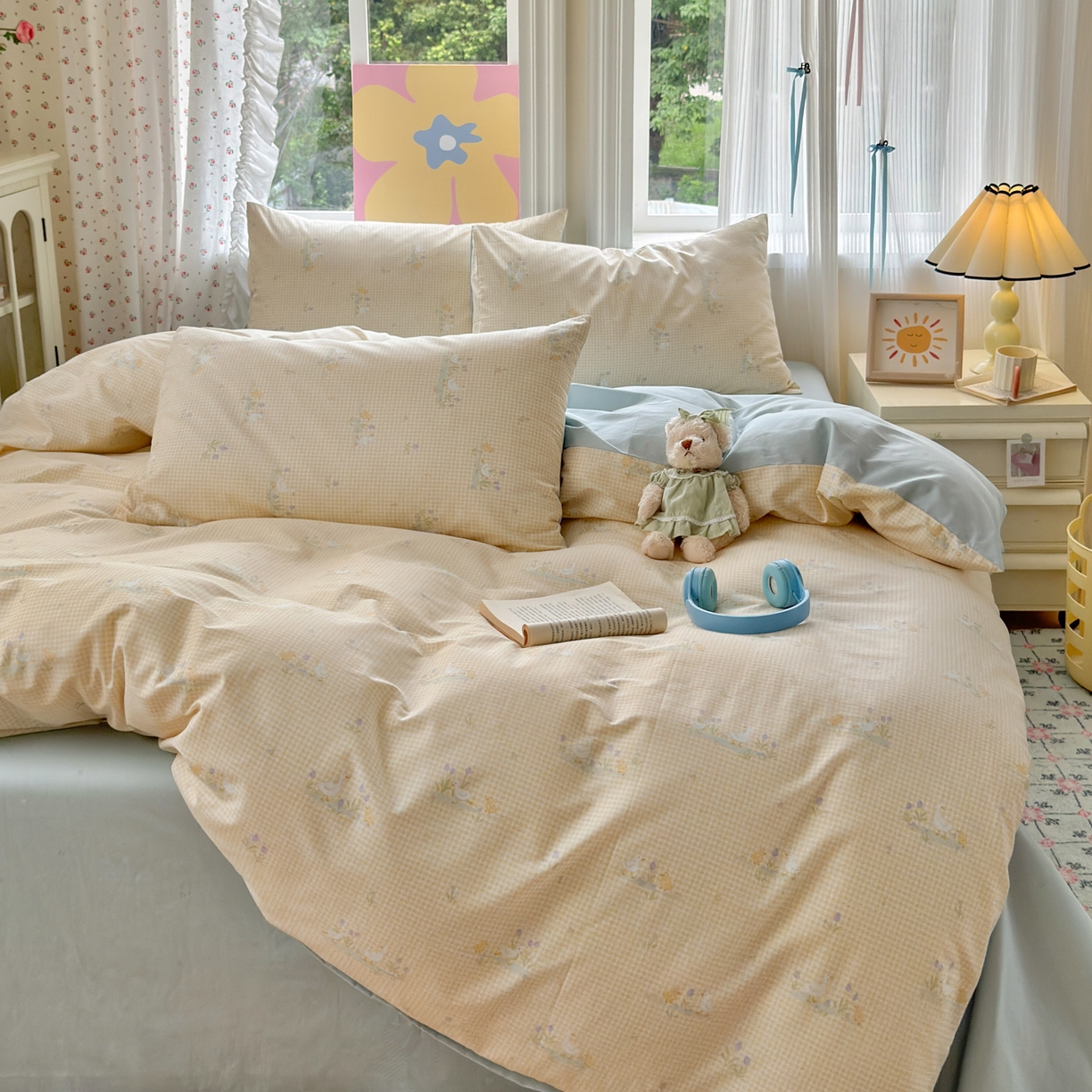 91家纺网 家纺一手货源 找家纺 优彩 2025新款13372碎花系列全棉四件套小萌鸭