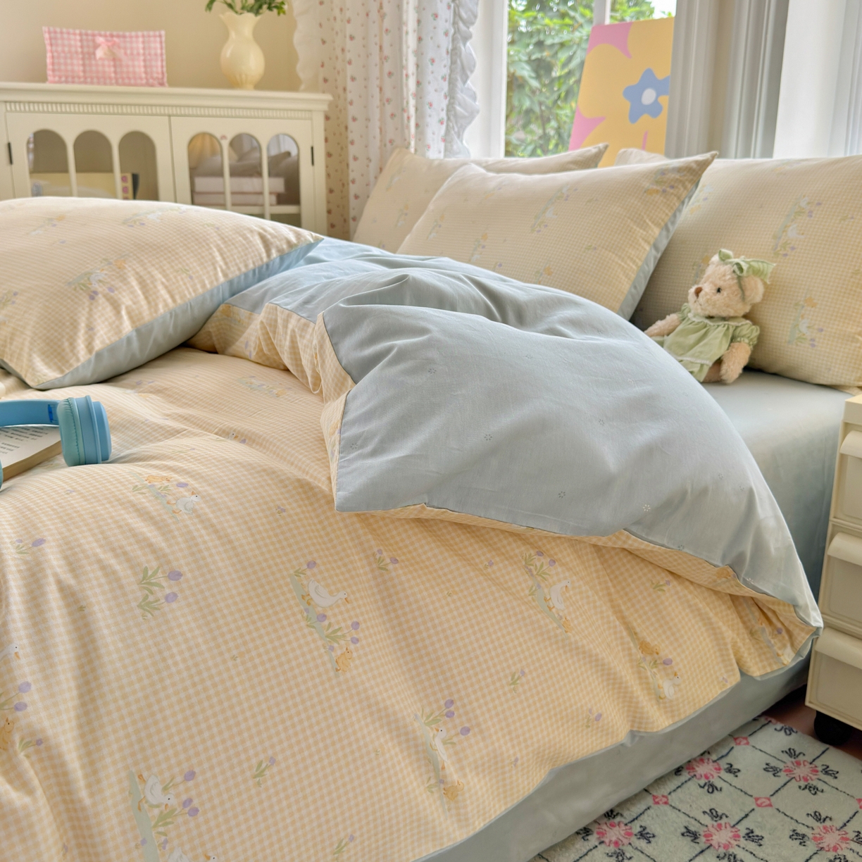 91家纺网 家纺一手货源 找家纺 优彩 2025新款13372碎花系列全棉四件套小萌鸭