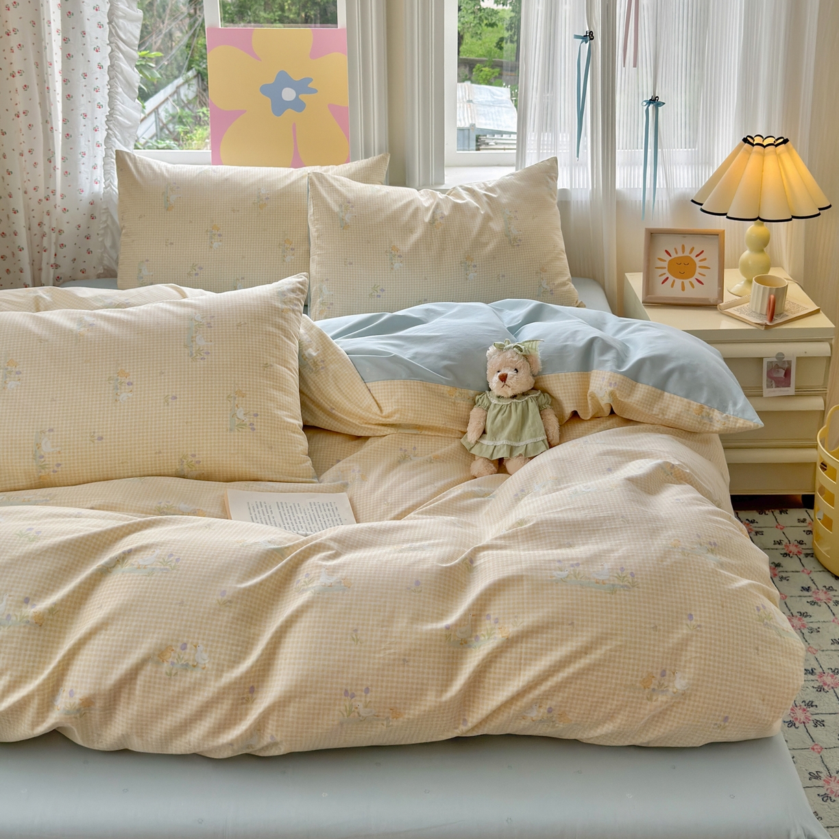 91家纺网 家纺一手货源 找家纺 优彩 2025新款13372碎花系列全棉四件套小萌鸭