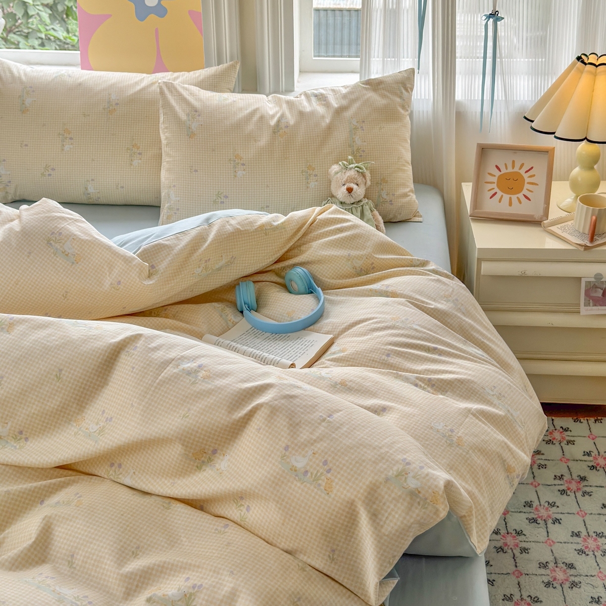 91家纺网 家纺一手货源 找家纺 优彩 2025新款13372碎花系列全棉四件套小萌鸭