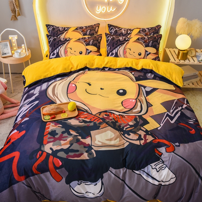91家纺网 家纺一手货源 找家纺 ds生活馆 2026新款大版卡通水晶绒牛奶绒单被套 酷帅皮卡丘