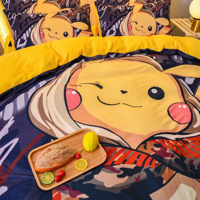 91家纺网 家纺一手货源 找家纺 ds生活馆 2026新款大版卡通水晶绒牛奶绒单被套 酷帅皮卡丘