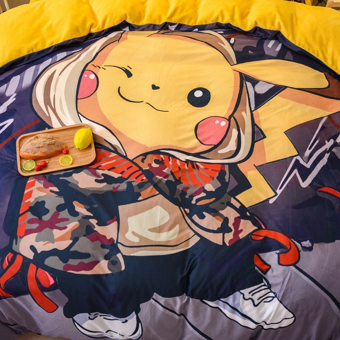 91家纺网 家纺一手货源 找家纺 ds生活馆 2026新款大版卡通水晶绒牛奶绒单被套 酷帅皮卡丘