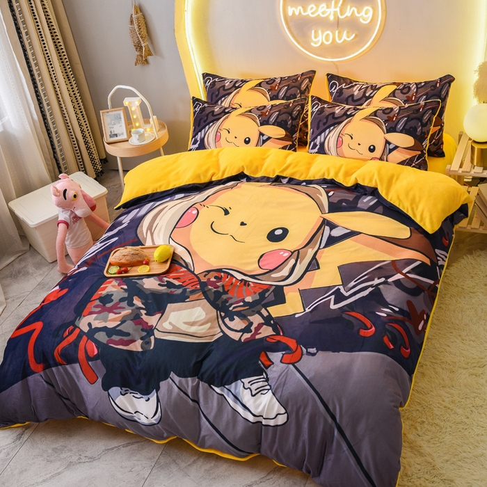 91家纺网 家纺一手货源 找家纺 ds生活馆 2026新款大版卡通水晶绒牛奶绒单被套 酷帅皮卡丘