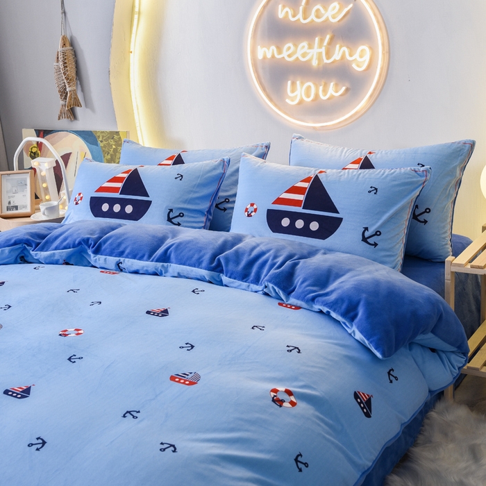 ds生活馆 2026新款大版卡通水晶绒牛奶绒单被套 小帆船