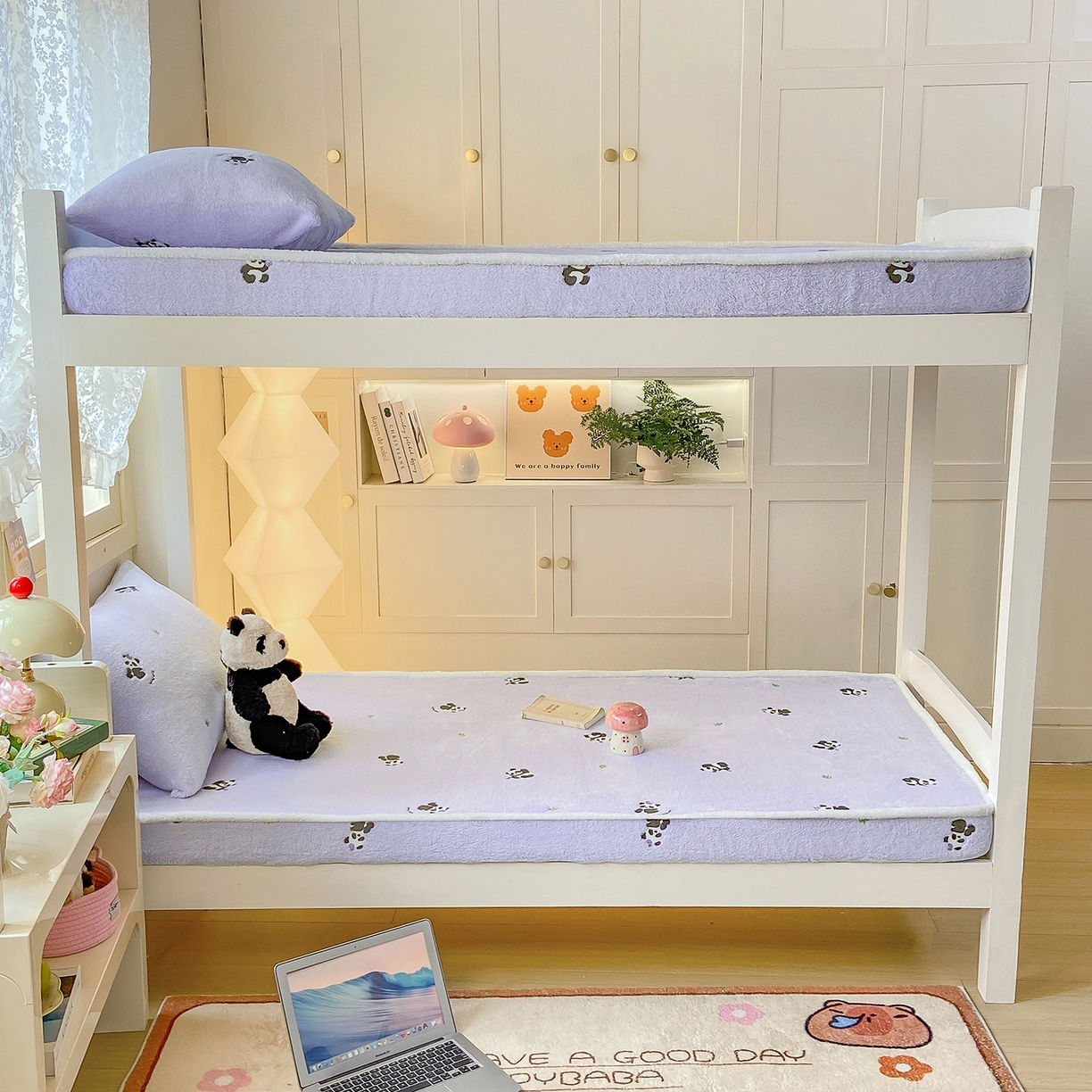 91家纺网 家纺一手货源 找家纺 眠势力 2025新款250g双面绒学生床笠单件三件套宿舍上下铺刺绣款牛奶绒床垫保护套 熊猫紫【双面绒刺绣款】