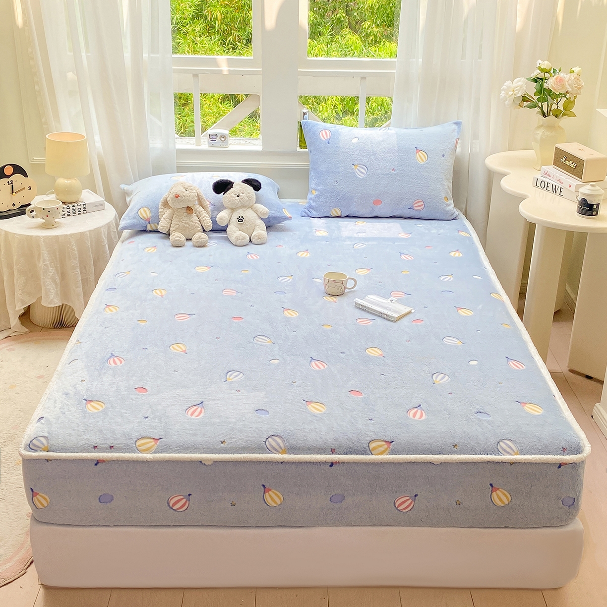 91家纺网 家纺一手货源 找家纺 眠势力 2025新款250g双面绒床笠单件三件套刺绣款高克重牛奶绒床垫保护套 热气球【双面绒刺绣款】