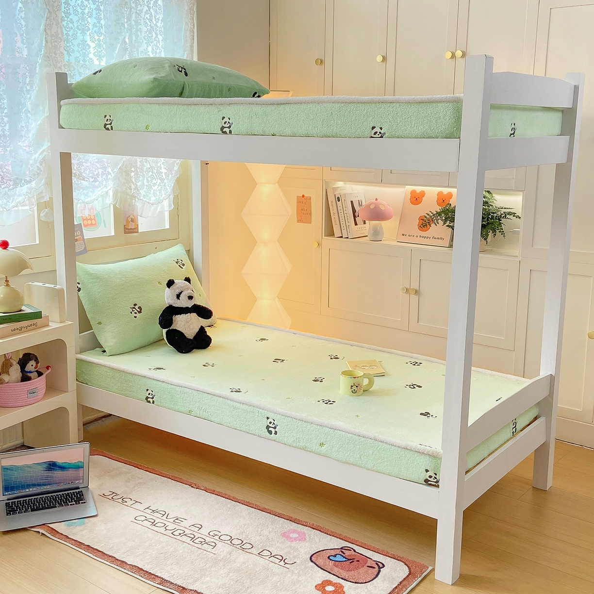 91家纺网 家纺一手货源 找家纺 眠势力 2025新款250g双面绒学生床笠单件三件套宿舍上下铺刺绣款牛奶绒床垫保护套 熊猫绿【双面绒刺绣款】