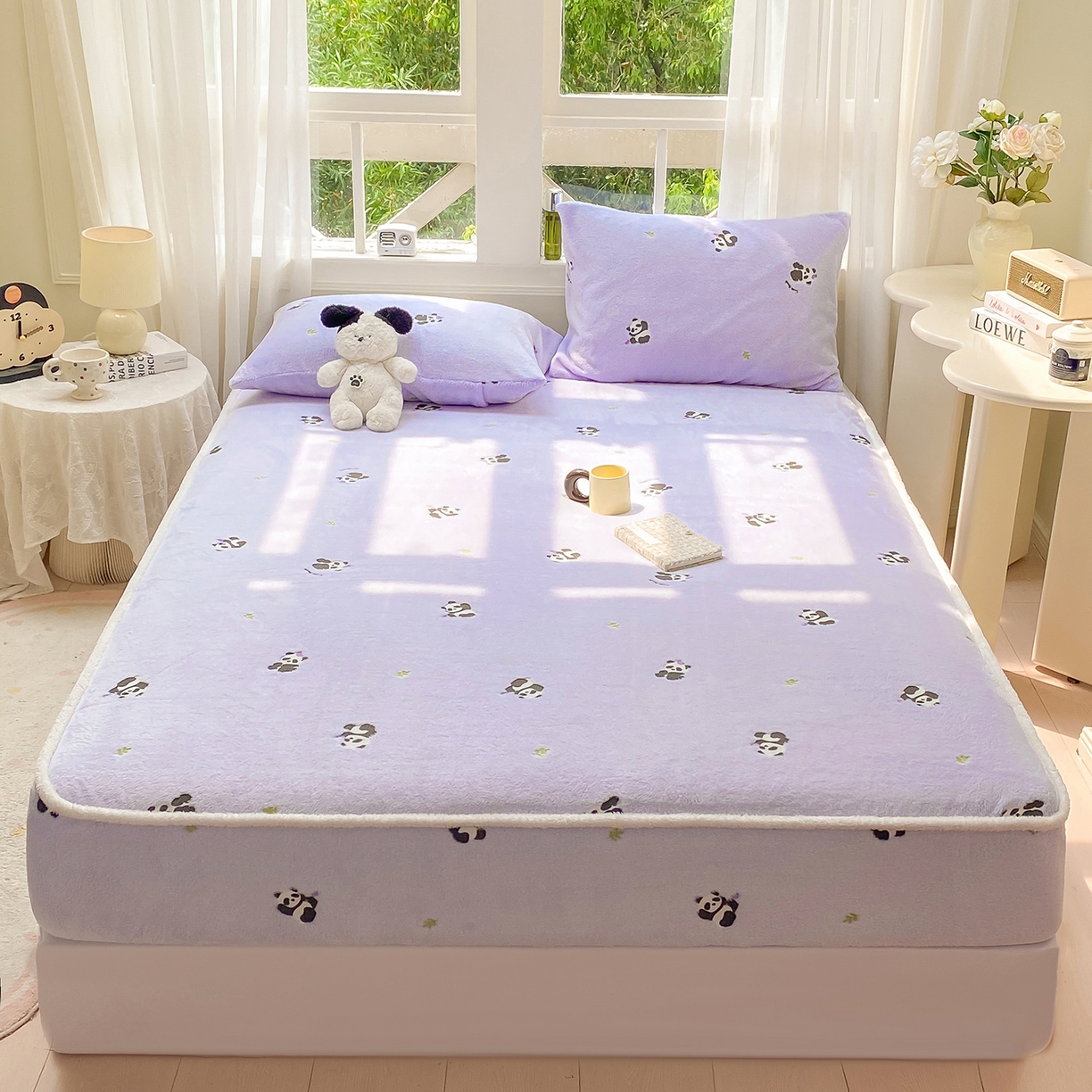 91家纺网 家纺一手货源 找家纺 眠势力 2025新款250g双面绒床笠单件三件套刺绣款高克重牛奶绒床垫保护套 熊猫紫【双面绒刺绣款】