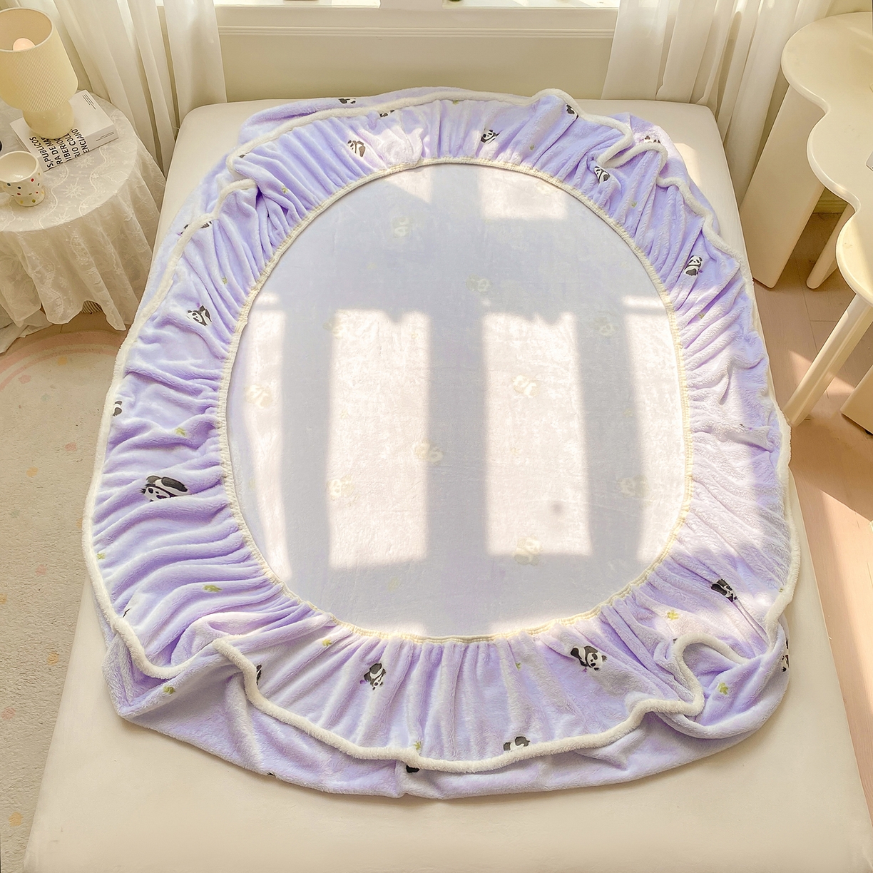 91家纺网 家纺一手货源 找家纺 眠势力 2025新款250g双面绒床笠单件三件套刺绣款高克重牛奶绒床垫保护套 熊猫紫【双面绒刺绣款】