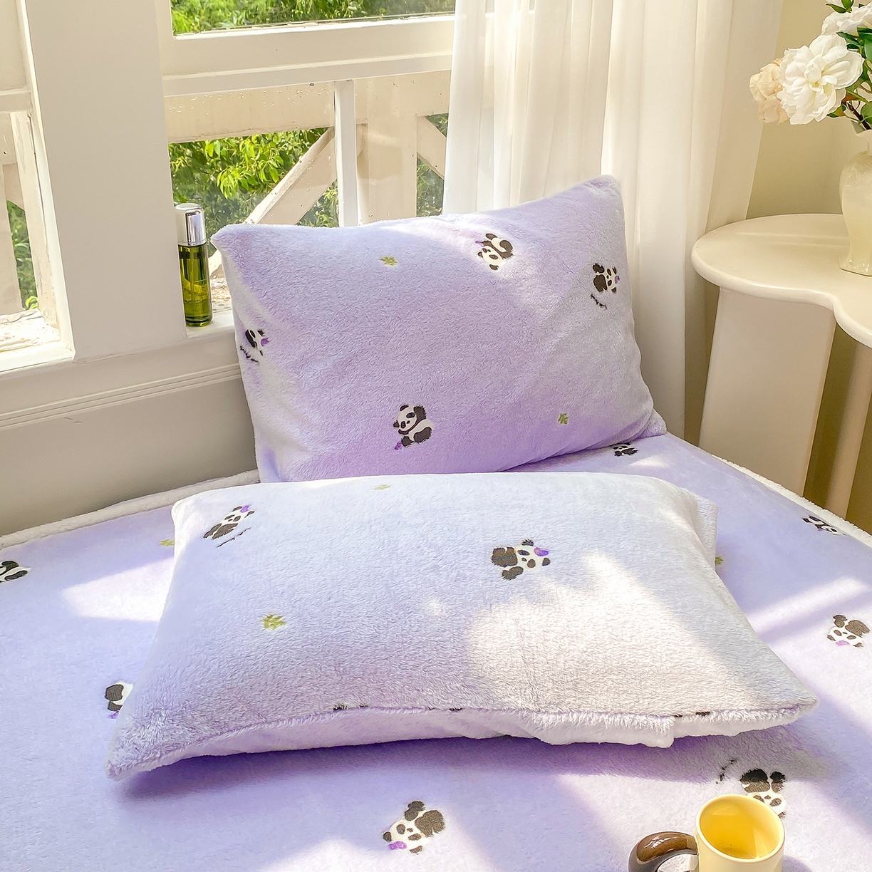 91家纺网 家纺一手货源 找家纺 眠势力 2025新款250g双面绒床笠单件三件套刺绣款高克重牛奶绒床垫保护套 熊猫紫【双面绒刺绣款】