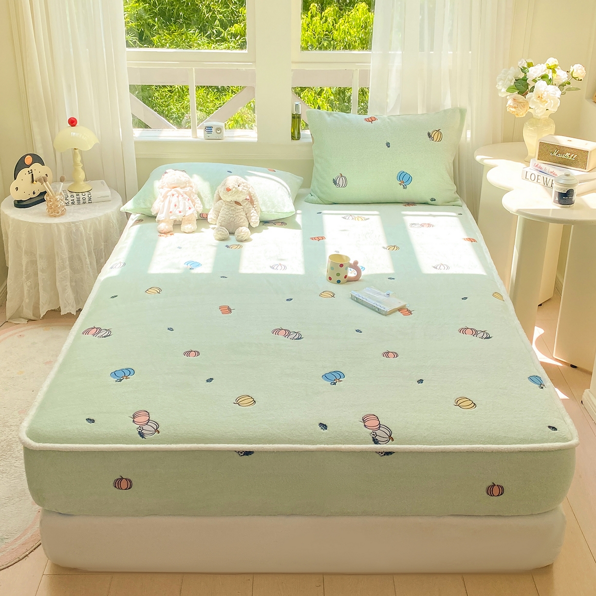 91家纺网 家纺一手货源 找家纺 眠势力 2025新款250g双面绒床笠单件三件套刺绣款高克重牛奶绒床垫保护套 小南瓜【双面绒刺绣款】