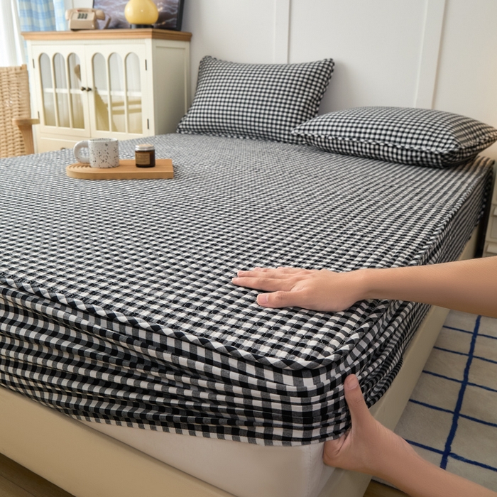 91家纺网 家纺一手货源 找家纺 佳笠家居 2025新款全棉纯棉水洗棉小格子加婴儿绒床笠单床笠单品床笠单件床笠 暖绒-黑白格