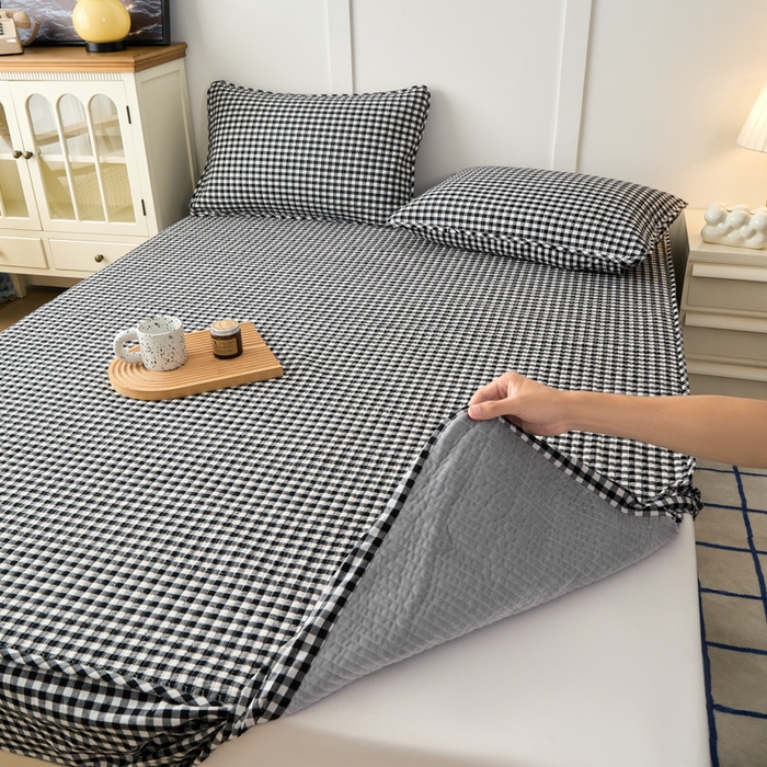 91家纺网 家纺一手货源 找家纺 佳笠家居 2025新款全棉纯棉水洗棉小格子加婴儿绒床笠单床笠单品床笠单件床笠 暖绒-黑白格