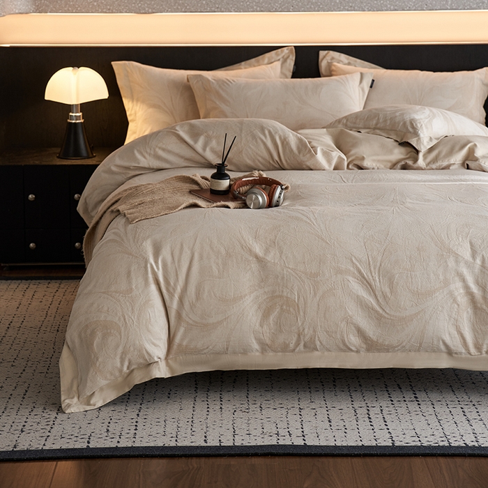 91家纺网 家纺一手货源 找家纺 宜代光年 2025新款亚麻大提花贡缎磨毛四件套-侘寂风（拼角款）-云千 云千-米麻