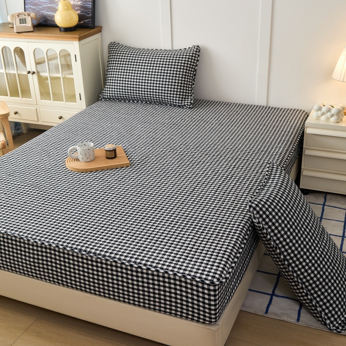 91家纺网 家纺一手货源 找家纺 佳笠家居 2025新款全棉纯棉水洗棉小格子加婴儿绒床笠单床笠单品床笠单件床笠 暖绒-黑白格