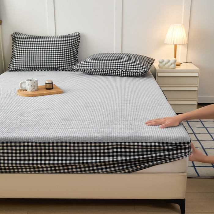 91家纺网 家纺一手货源 找家纺 佳笠家居 2025新款全棉纯棉水洗棉小格子加婴儿绒床笠单床笠单品床笠单件床笠 暖绒-黑白格