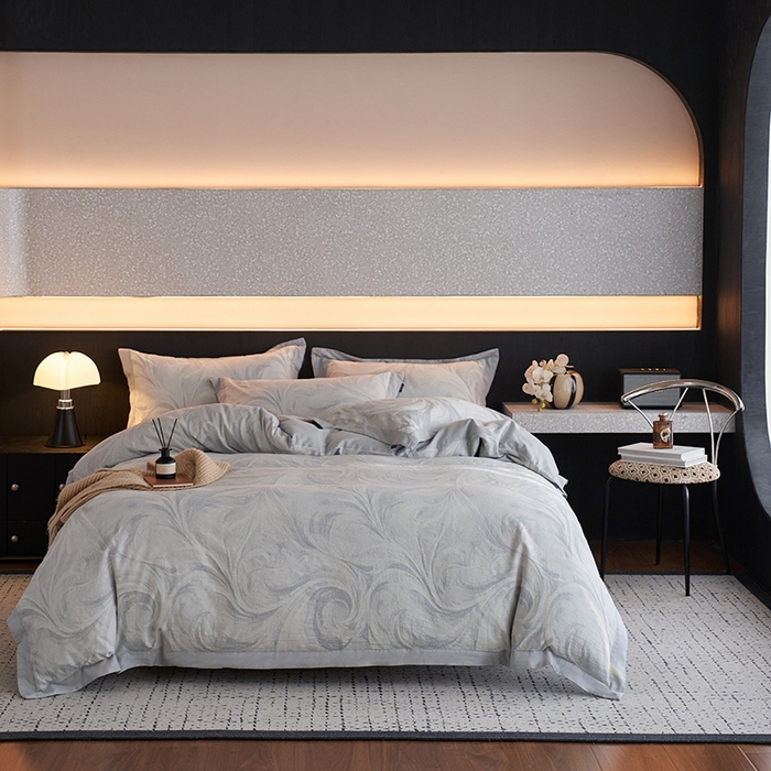 91家纺网 家纺一手货源 找家纺 宜代光年 2025新款亚麻大提花贡缎磨毛四件套-侘寂风（拼角款）-云千 云千-鲜蓝