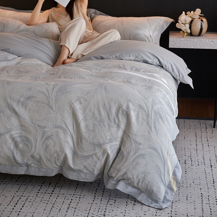 91家纺网 家纺一手货源 找家纺 宜代光年 2025新款亚麻大提花贡缎磨毛四件套-侘寂风（拼角款）-云千 云千-鲜蓝