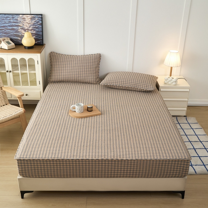 91家纺网 家纺一手货源 找家纺 佳笠家居 2025新款全棉纯棉水洗棉小格子加婴儿绒床笠单床笠单品床笠单件床笠 暖绒-卡其格