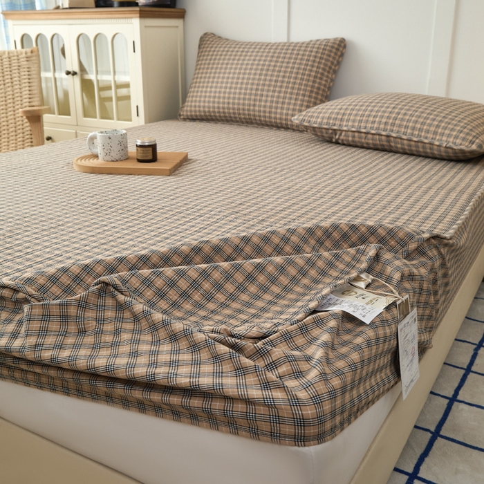 91家纺网 家纺一手货源 找家纺 佳笠家居 2025新款全棉纯棉水洗棉小格子加婴儿绒床笠单床笠单品床笠单件床笠 暖绒-卡其格
