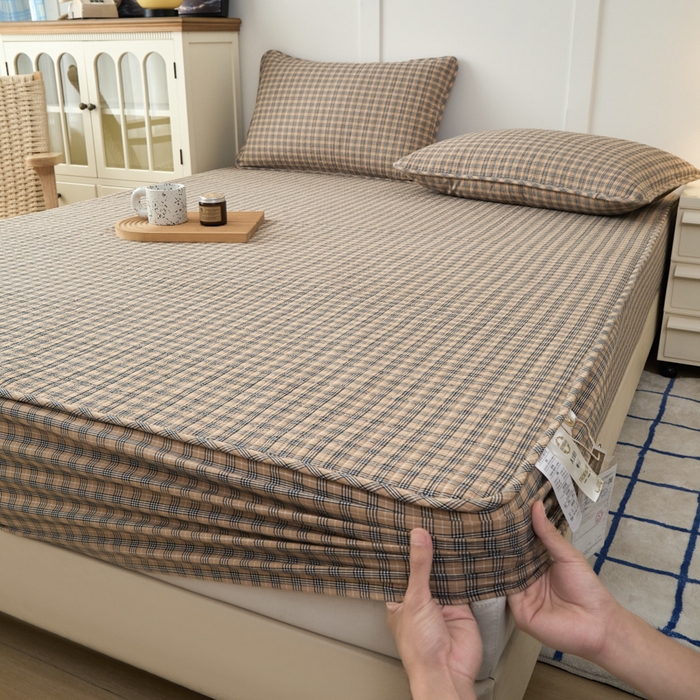 91家纺网 家纺一手货源 找家纺 佳笠家居 2025新款全棉纯棉水洗棉小格子加婴儿绒床笠单床笠单品床笠单件床笠 暖绒-卡其格