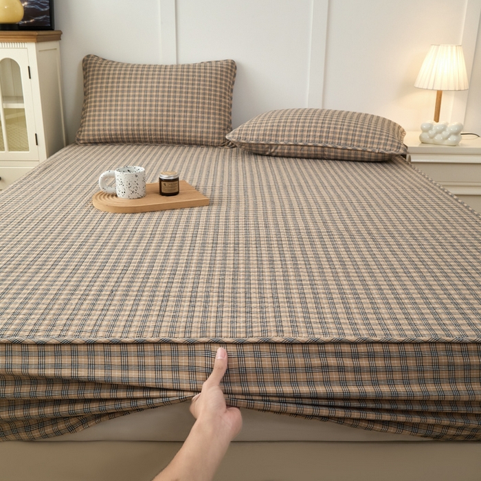 91家纺网 家纺一手货源 找家纺 佳笠家居 2025新款全棉纯棉水洗棉小格子加婴儿绒床笠单床笠单品床笠单件床笠 暖绒-卡其格