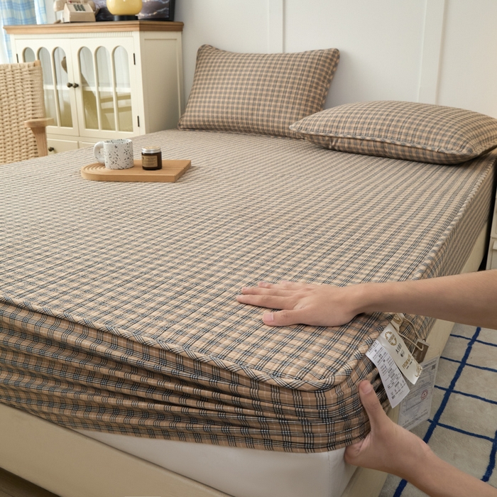 91家纺网 家纺一手货源 找家纺 佳笠家居 2025新款全棉纯棉水洗棉小格子加婴儿绒床笠单床笠单品床笠单件床笠 暖绒-卡其格