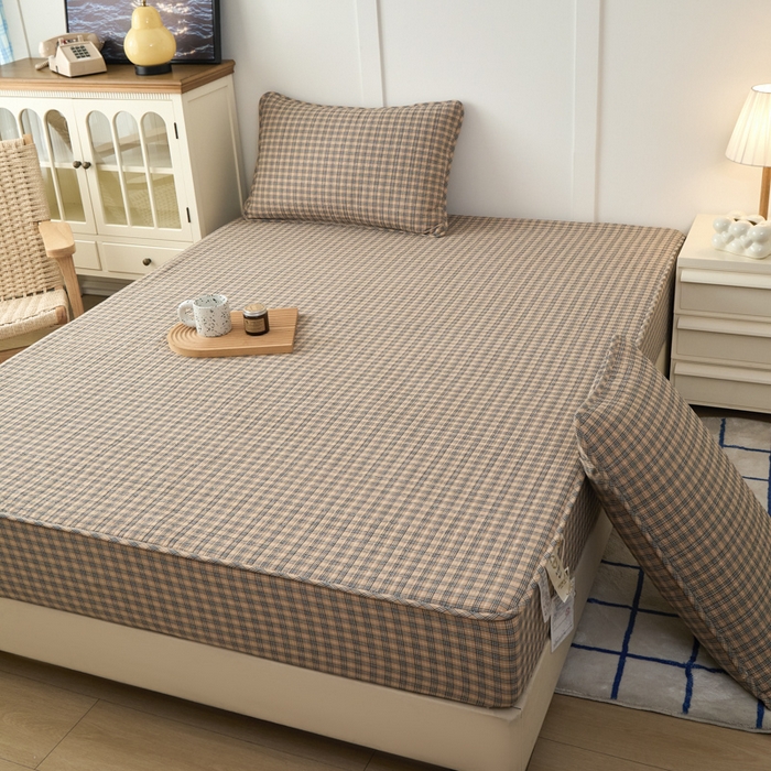 91家纺网 家纺一手货源 找家纺 佳笠家居 2025新款全棉纯棉水洗棉小格子加婴儿绒床笠单床笠单品床笠单件床笠 暖绒-卡其格