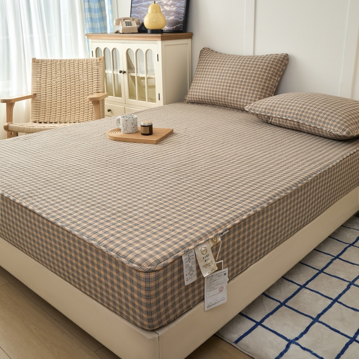 91家纺网 家纺一手货源 找家纺 佳笠家居 2025新款全棉纯棉水洗棉小格子加婴儿绒床笠单床笠单品床笠单件床笠 暖绒-卡其格