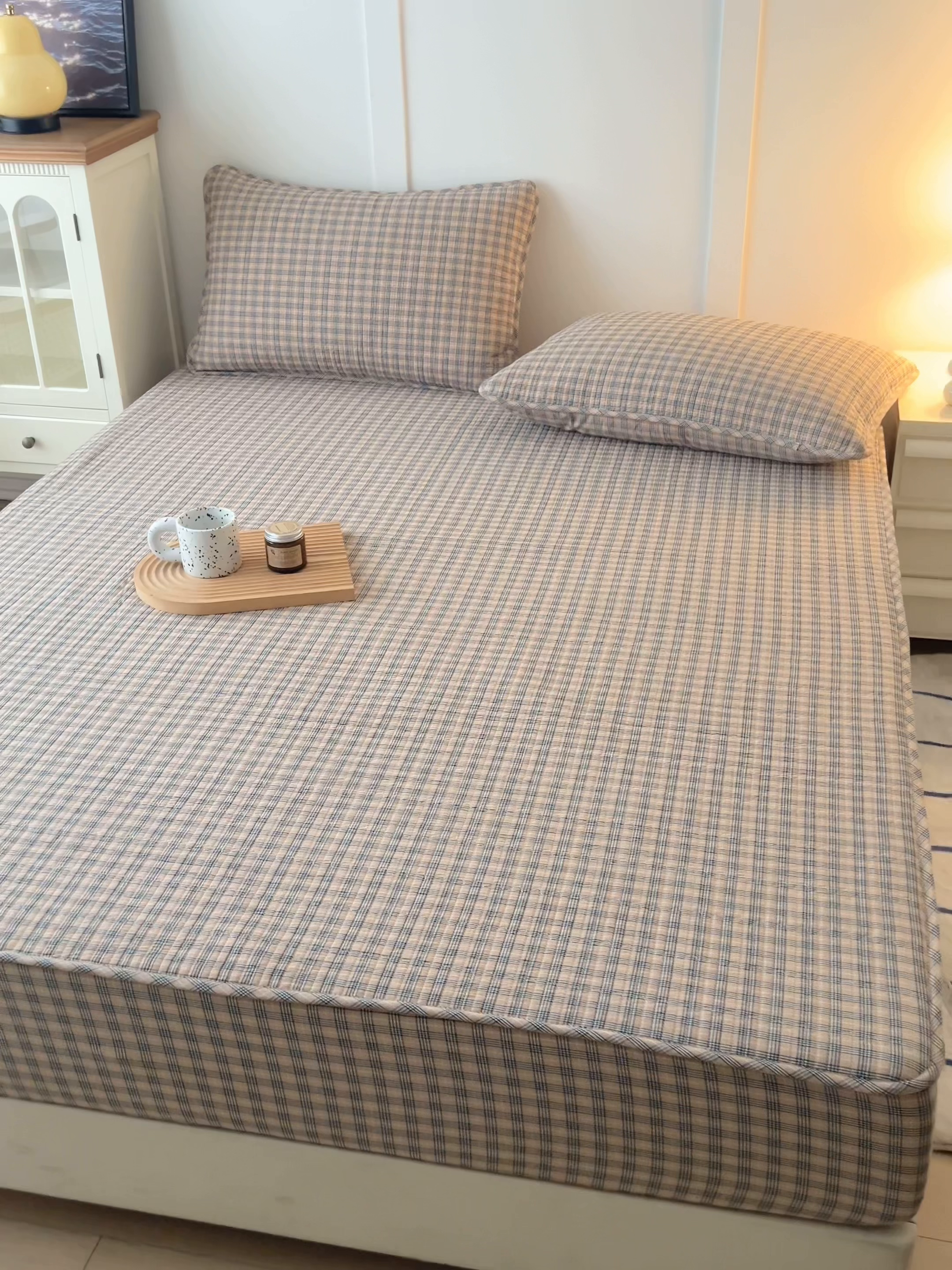 91家纺网 家纺一手货源 找家纺 佳笠家居 2025新款全棉纯棉水洗棉小格子加婴儿绒床笠单床笠单品床笠单件床笠 暖绒-卡其格