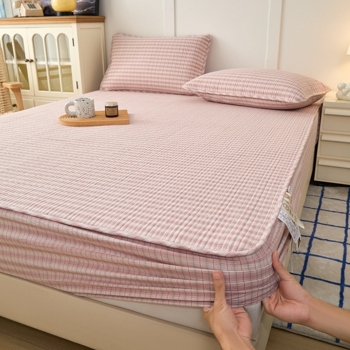 91家纺网 家纺一手货源 找家纺 佳笠家居 2025新款全棉纯棉水洗棉小格子加婴儿绒床笠单床笠单品床笠单件床笠 暖绒-柠檬粉