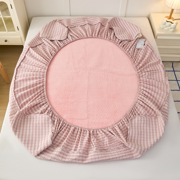 91家纺网 家纺一手货源 找家纺 佳笠家居 2025新款全棉纯棉水洗棉小格子加婴儿绒床笠单床笠单品床笠单件床笠 暖绒-柠檬粉